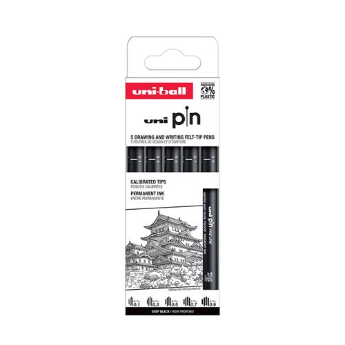 Pochette 5 Stylos feutres Uniball Pin Pointes calibrées impaires État correct - Uni-ball reconditionné disponible sur Fnac
