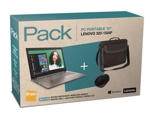 Pack Fnac Pc Portable Lenovo 320-15iap 80xr00xmfr 15.6\" + Sac Targus Classic Clamshell Noir + Souris Optique Sans Fil Microsoft 3500 Noir