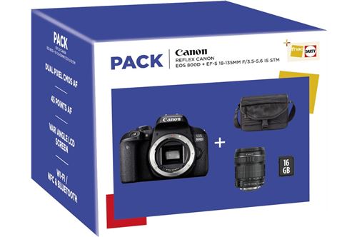 Fnac Pack Canon EOS 800D Reflex Camera Zwart + EF-S 18-135mm f/3.5-5.6 IS STM Lens + Draagtas + 16GB SD-Kaart