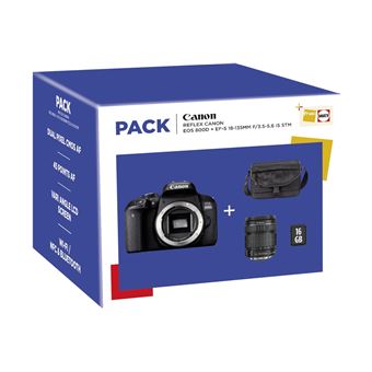 Pack Fnac Reflex Canon EOS 800D Noir + Objectif EF-S 18-135 mm f/3.5-5.6 IS STM + Fourre-tout + Carte SD 16 Go