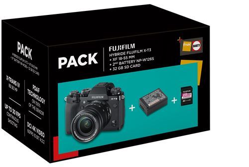 Pack Appareil photo hybride Fujifilm X-T3 Noir + XF 18-55mm f/2.8-4 + 2ème Batterie + SD 32 Go Pro