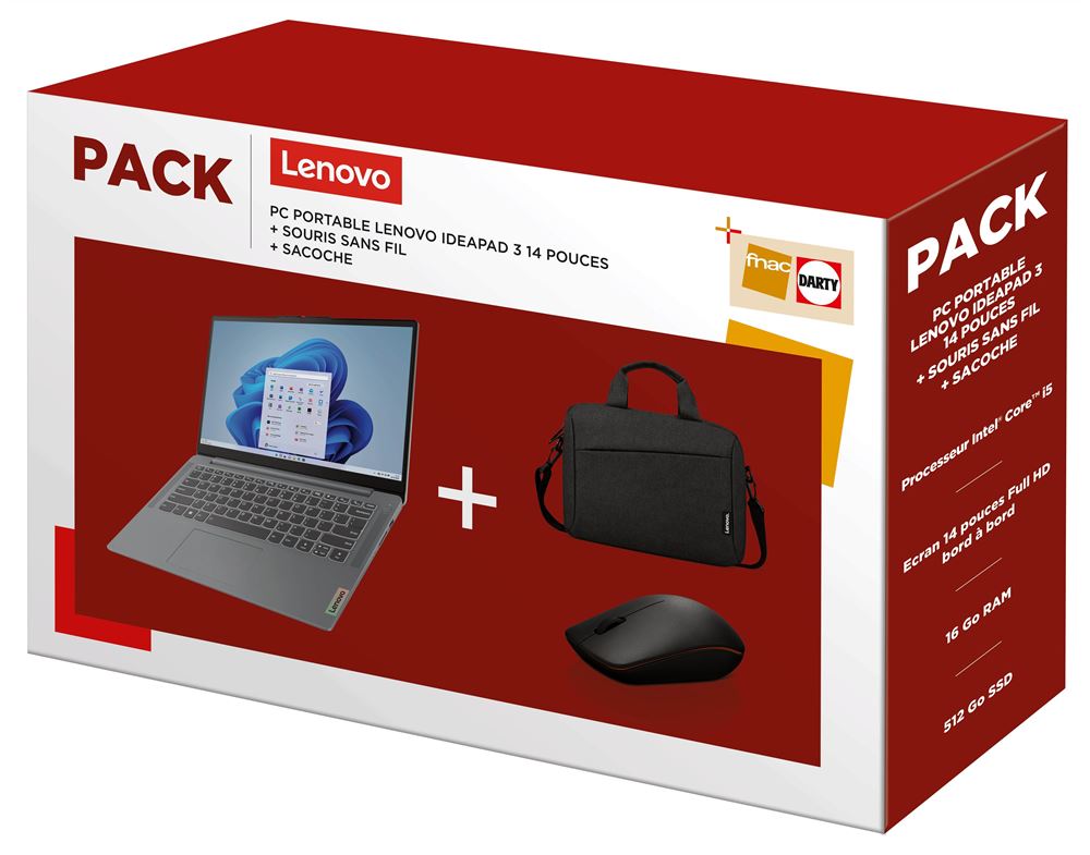 Pack Fnac PC Portable Lenovo IdeaPad 3 14ITL6 14 Intel Core i5 16 Go RAM  512 Go SSD Gris