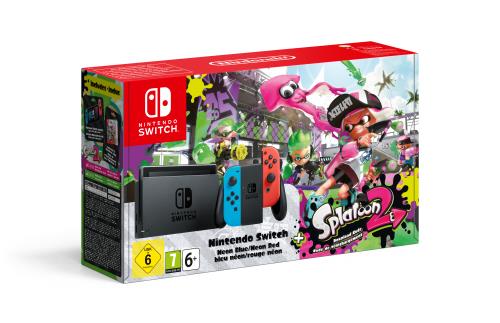 Console Nintendo Switch Splatoon 2 Noire Avec Manettes Joy-Con Droite Rouge Néon Et Joy-Con Gauche Bleue Néon