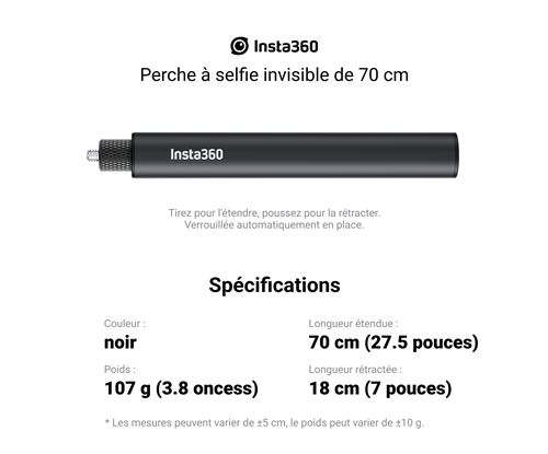Perche à selfie invisible pour Insta360 X3/ONE RS/R/X2/X/GO2 – Extensible  jusqu'à 114 cm : : High-Tech