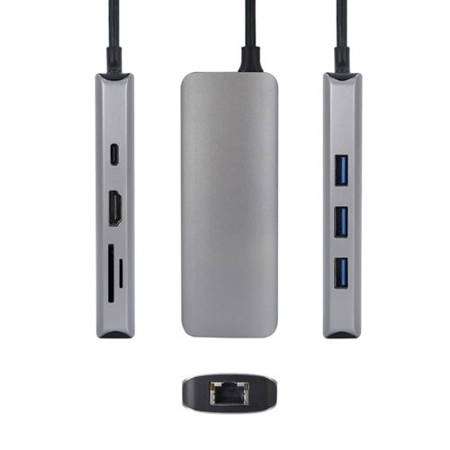 Hub USB-C Urban Factory 8 en 1 avec 3 USB-A 1 HDMI 4K 60Hz 1 RJ45 lecteurs cartes SD et Micro SD 1 USB-C 100W PD Gris anthracite