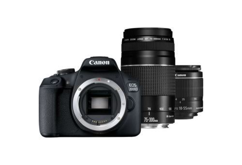 Appareil Photo Reflex Canon EOS 2000D + Objectif EF-S 18-55 mm f/3.5-5.6 IS II + Objectif EF 75-300 mm f/4-5.6 III + Sac SB130 + Carte mémoire SD 16 Go