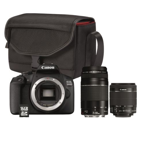 Appareil Photo Reflex Canon EOS 2000D + Objectif EF-S 18-55 mm f/3.5-5.6 IS II + Objectif EF 75-300 mm f/4-5.6 III + Sac SB130 + Carte mémoire SD 16 Go