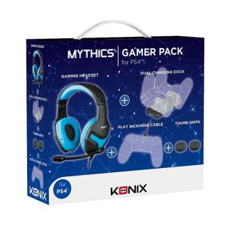 Pack Gaming Mythics PS4 Konix Casque + Station double de charge + Câble USB + Protection en silicone