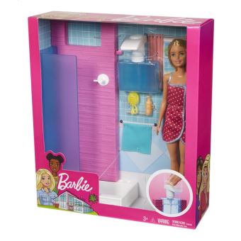 BARBIE Coffret salle de bain baignoire avec poupée, meubles et accessoires  - Barbie pas cher 