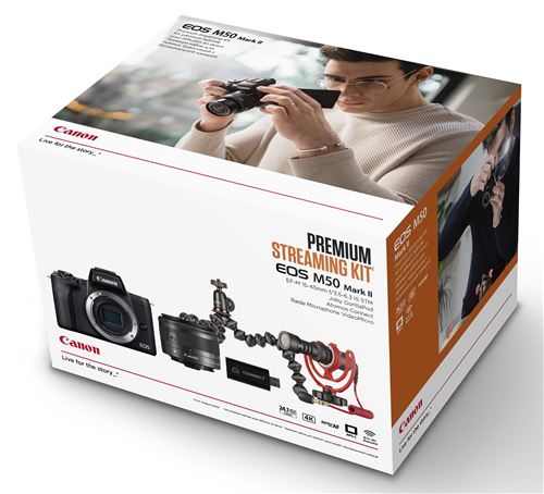 Appareil Photo Hybride pour Streaming Canon EOS M50 Mark II Noir + EF-M 15-45mm f/3,5-6,3 IS STM + Câble HDMI + Adaptateur Coupleur secteur + Micro Rode + Tripod + Convertisseur HDMI