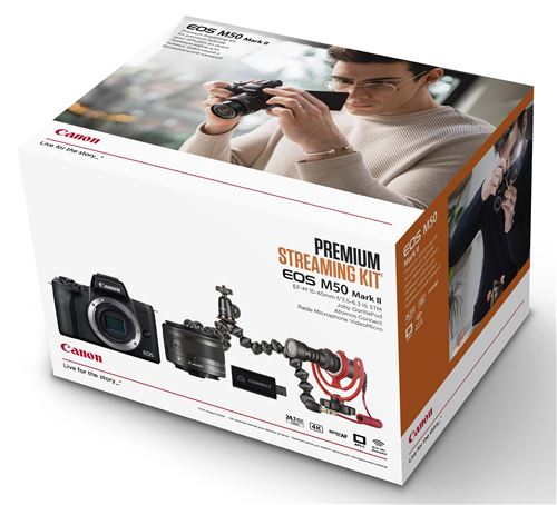 Appareil Photo Hybride pour Streaming Canon EOS M50 Mark II Noir + EF-M 15-45mm f/3,5-6,3 IS STM + Câble HDMI + Adaptateur & Coupleur secteur + Micro Rode + Tripod + Convertisseur HDMI