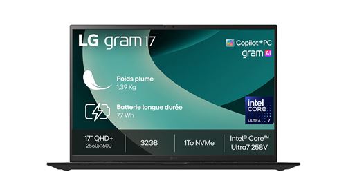 PC portable LG Gram 17 17Z90TL-G.AU88F 17 Copilot+ Intel® Core™ Ultra 7 32 Go RAM 1 To SSD Noir Obsidien