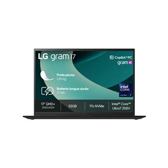 PC portable LG Gram 17 17Z90TL-G.AU88F 17" Copilot+PC Intel® Core™ Ultra 7 32 Go RAM 1 To SSD Noir Obsidien - 1