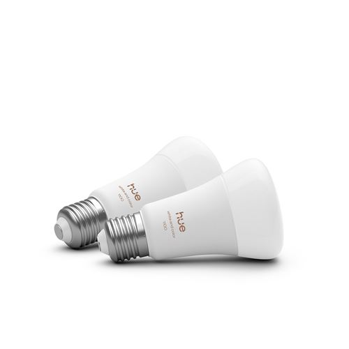 Ampoule Connectée Philips Hue W&C E27 – Pack de 2, 11 W, 1100 Lumens, Lumière Blanche et Couleur