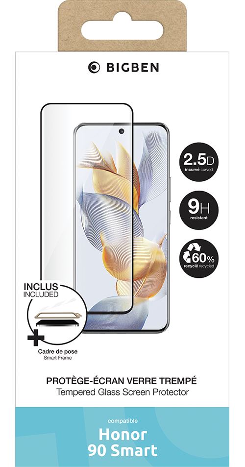 Protection d'écran 2,5D en verre trempé BigBen Connected pour Honor 90 Smart GRS Transparent + SmartFrame