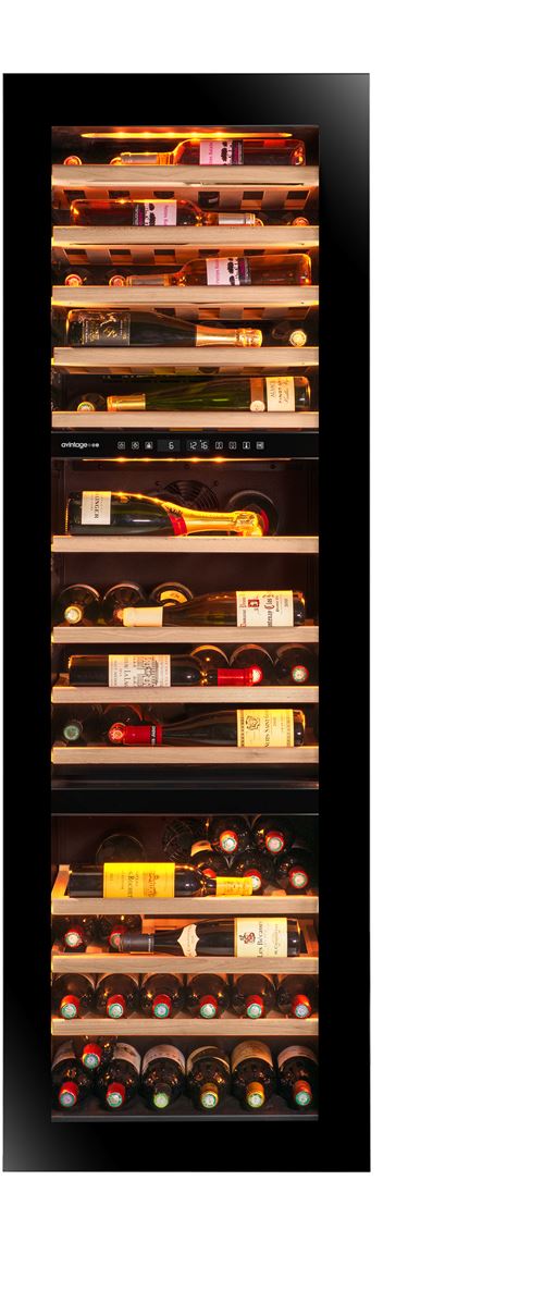 Cave de service integrable en colonne auto-ventilee, niche 178, Triple zone, PUSH-PULL reversible, charniere pantographe, controlable a distance avec l''application VINOTAG, eclairage LED modulable. 39dB classe G
