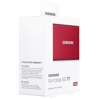 Disque SSD Externe Samsung Portable T7 MU-PC500R/WW 500 Go USB 3.2 Rouge  métallique - SSD externes