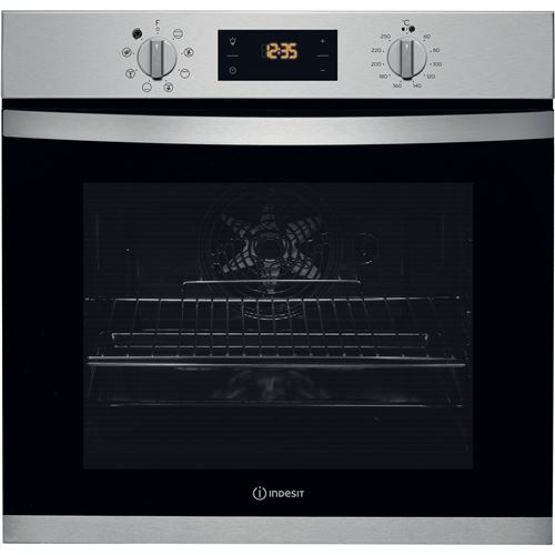 Indesit Four, Catalyse, Inox, Cavite Large 71 L, Chaleur Tournante, 8 Fonctions Dont 1 Fonction Automatique Turn & Cook, Contre Porte Click & Clean, 2 Grilles, 1 Lechefrite, Gril Basculant, Glissieres Inox, Classe A, Ligne Aria