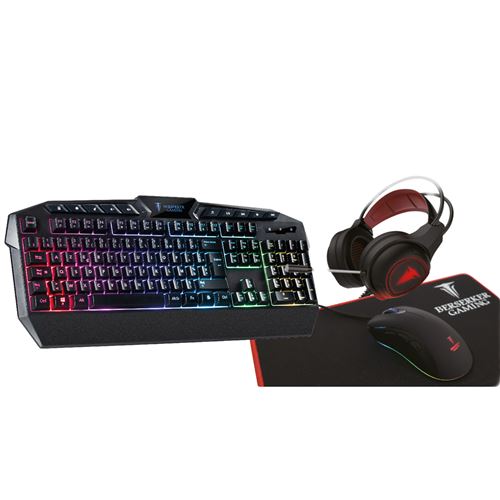 Pack Gaming 4-en-1 Combo Berserker gaming THOR-GX804 Clavier filaire Azerty Noir + Souris filaire + Tapis de souris + Casque filaire