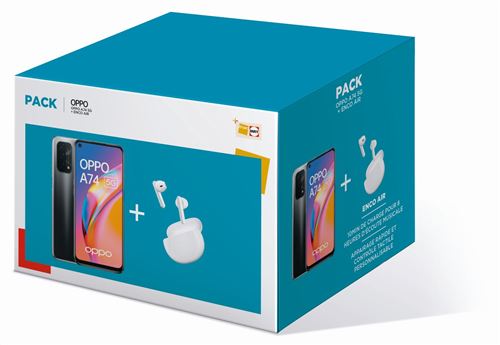 Pack Smartphone Oppo A74 6,5 5G 128 Go Double SIM Noir Twilight + Ecouteurs sans fil Bluetooth Oppo Enco Air True Wireless Blanc
