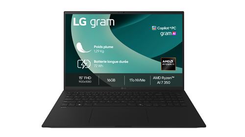 PC portable LG Gram 15 15Z80T-G.AU78F 15 Copilot+ AMD Ryzen™ AI 7 16 Go RAM 1 To SSD Noir Obsidien