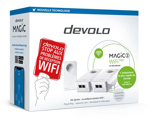 devolo Magic 1 Wifi 4 (n) Mini Multiroom Kit : 3x Adaptateurs CPL WiFi,  Prise Gigogne (1200 Mbits, 3x Ports Fast Ethernet), idéal télétravail et