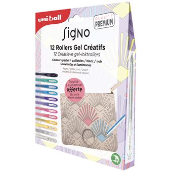 Coffret de 12 rollers Gels Créatifs Uniball Signo avec trousse en coton