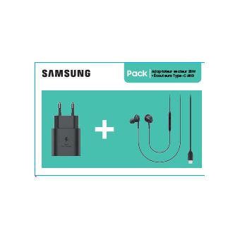 Pack Kit Pieton Adaptateur secteur Samsung ultra rapide 25W Noir + Ecouteurs filaires intra-auriculaires Type-C AKG Noir