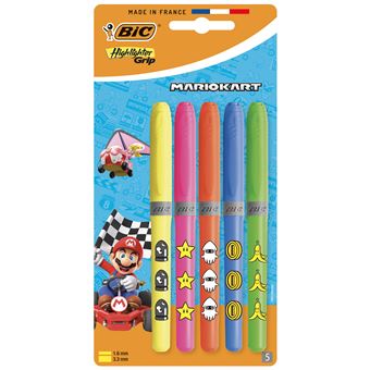 BIC Highlighter Grip Decor Super Mario Surligneur Fluo Pointe Biseautee - Couleurs Assorties, Blister de 5 - 1