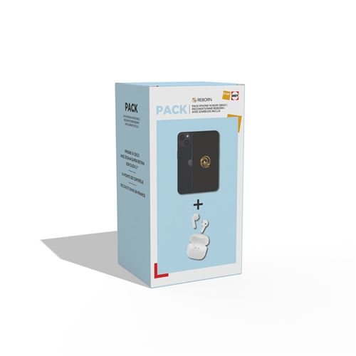 Pack Apple iPhone 14 6.1" 5G 128 Go Noir Reconditionné Grade A Reborn + Ecouteurs True Wireless Blanc