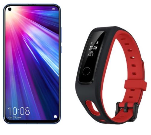 Smartphone Honor View 20 Double SIM 128 Go Bleu + Bracelet connecté Band 4 Running Noir et Rouge