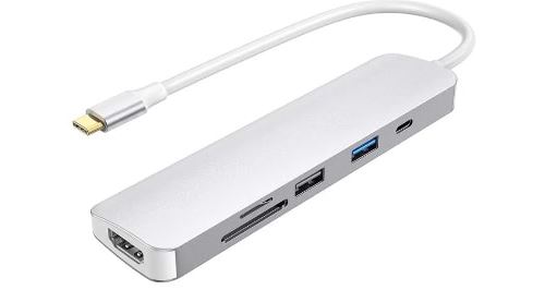 Hub USB-C Urban Factory 6 en 1 avec 2 USB-A 1 HDMI 4K lecteurs cartes SD et Micro SD 1 USB-C 100W PD Gris sidéral