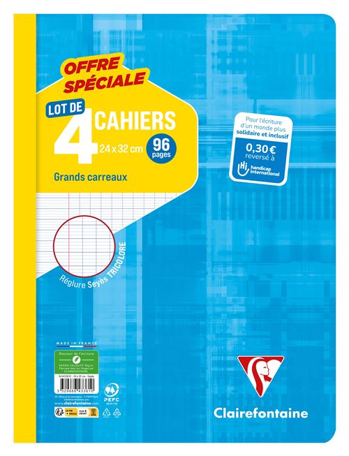Lot de 4 cahiers de 96 Pages séyès Clairefontaine 24 x 32 cm Modèle aléatoire