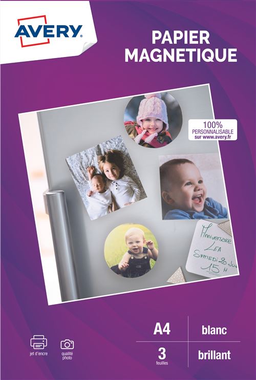Pack de 3 feuilles papier magnétique brillants A4 Avery Dennison Blanc pour imprimantes jet d encre