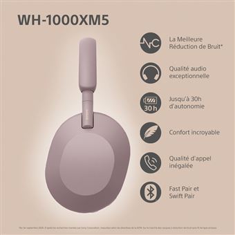 Casque audio arceau sans fil Sony WH1000XM5 rose à réduction de bruit