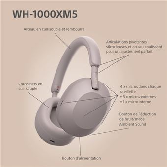 Casque audio arceau sans fil Sony WH1000XM5 rose à réduction de bruit