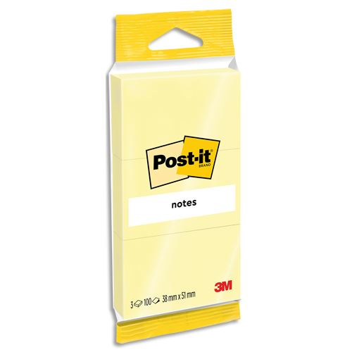 Sachet 3 blocs de 100 Notes repositionnables Post-It 38 x 51 mm Jaune