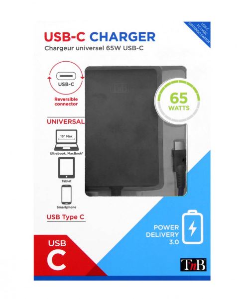 Chargeur slim universel pour PC Portable 65 Watts T'nB Noir