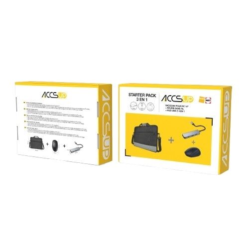 Pack 3 en 1 Accsup Sacoche pour PC 14 + Souris sans fil + Hub USB-C 4 en1 Noir et Gris