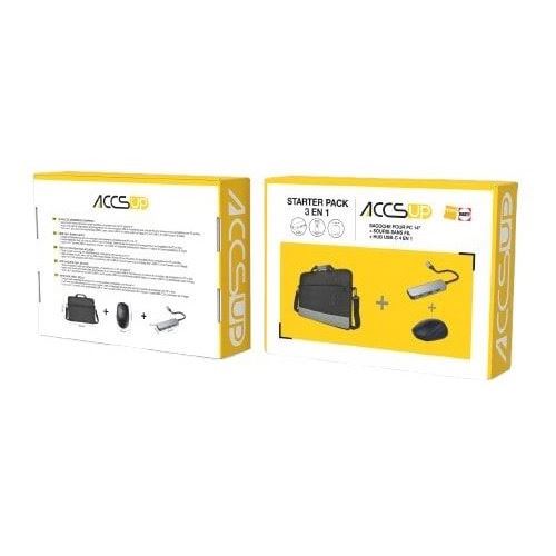 Pack 3 en 1 Accsup Sacoche pour PC 14 + Souris sans fil + Hub USB-C 4 en1 Noir et Gris