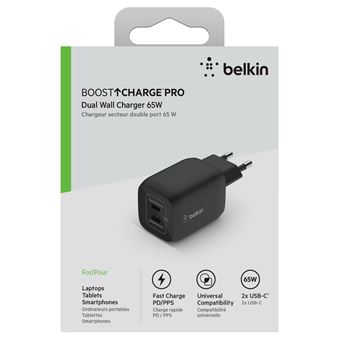 Adaptateur secteur Belkin Boost Charge Pro WCH013vfBK GaN avec PPS 65 Watt Noir