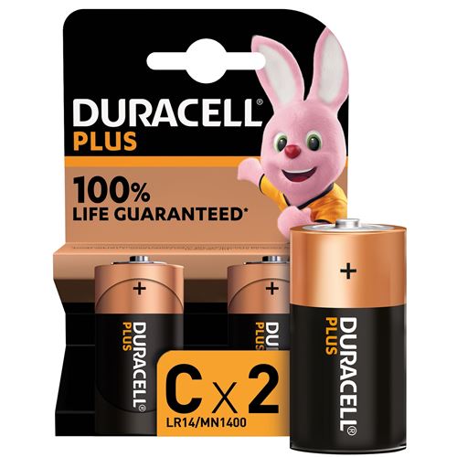 Pack 2 piles alcalines Duracell Plus 1.5 V LR14 Noir