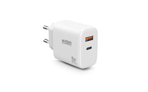 Chargeur secteur Urban Factory avec 1 port USB-C 45 W + 1 port USB-A 18 W Charge rapide Blanc