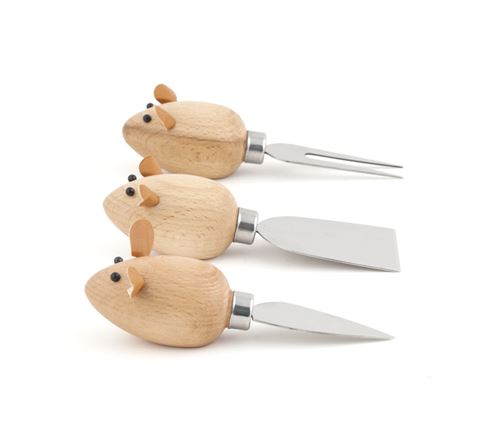Kikkerland Beige Set De 3 Couteaux À Fromage Souris Et Argent
