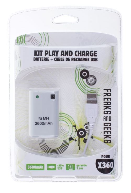 Batterie 3600 Mah Et Câble De Recharge Usb Freaks And Geeks Blanc Pour Xbox 360
