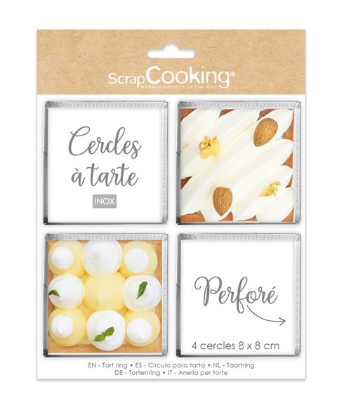 Pack de 4 cercles à tarte individuels perforés Scrapcooking Carré Inox 8 cm