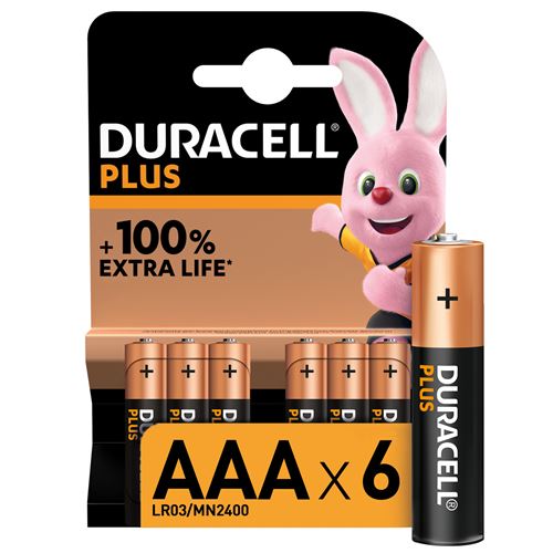 Pack de 6 piles alcalines AAA Duracell Plus 1.5V LR03 Noir