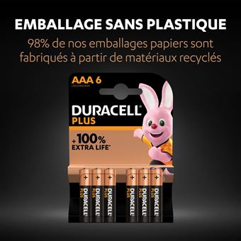 Pack de 6 piles alcalines AAA Duracell Plus 1.5V LR03 Noir