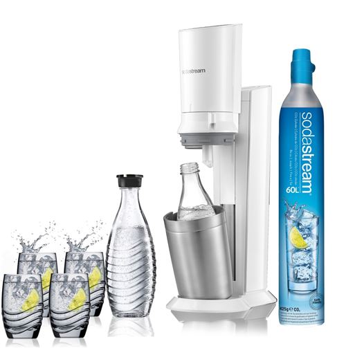 Pack Sodastream Machine à soda et eau gazeuse Crystal Blanc avec carafe et 4 concentrés Pepsi