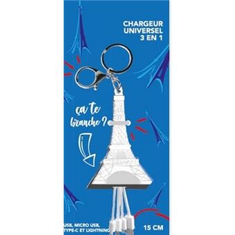 Câble téléphone portable Yello koko multi-connecteur Tour Eiffel vers USB-C/Micro-USB/Lightning Blanc